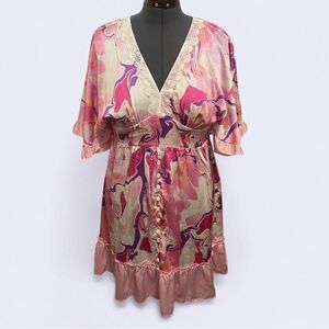 Chic Satinlike Pink and White Women's Babydoll Ruffled Dress